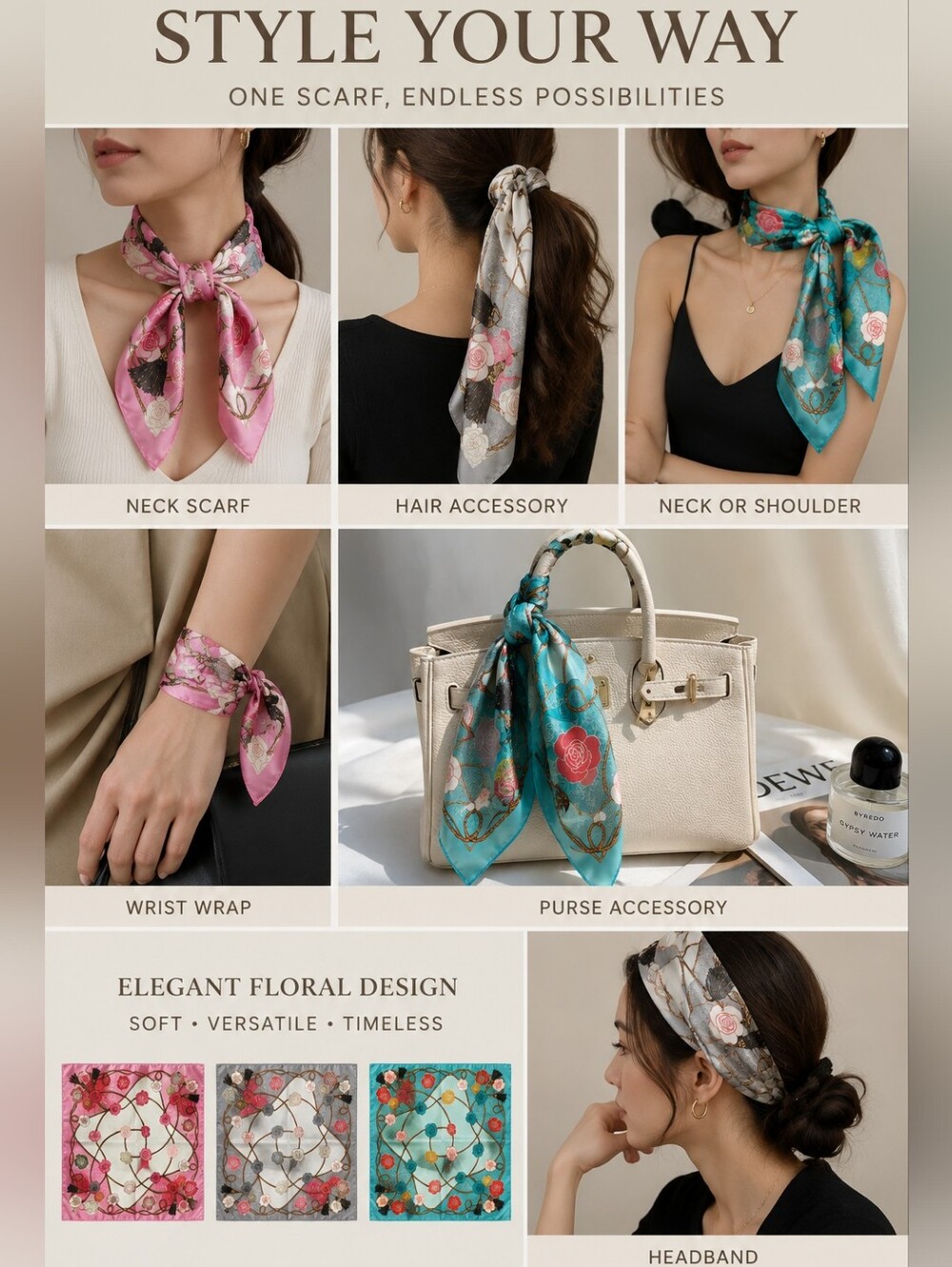 Elegant Floral Satin Scarf | Rose & Tassel Print | 19.7" Square-Choice Of 1